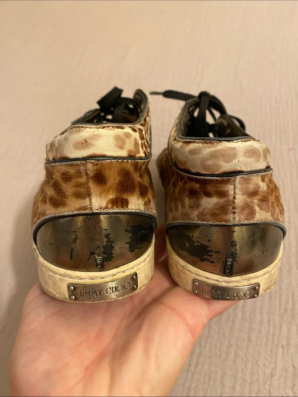 ImmJIMMY CHOO Leopard Print Leather Lace-Up Sneakers - Designer Style. Size 37.5